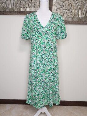 SINGLE THREAD Kelly Green Ditsy Floral Button Up Linen Blend Midi Dress Small